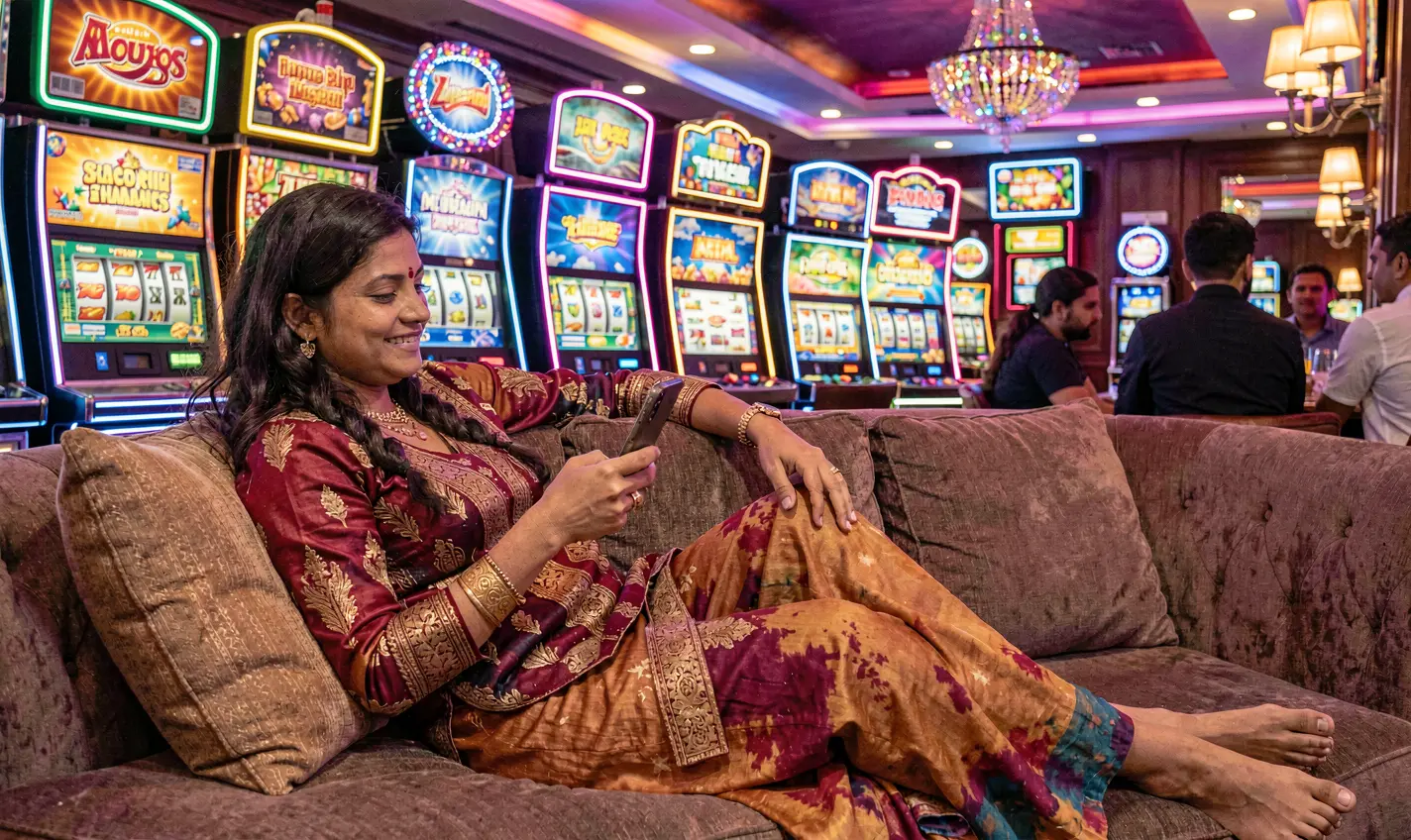 Confident Bangladeshi woman using the 23OK mobile casino app while relaxing on a sofa with colorful slot machines glowing behind her