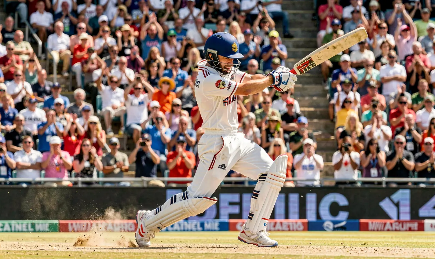 Dynamic cricket batsman executing a powerful shot in a full stadium capturing the excitement of live cricket betting with 23OK in Bangladesh