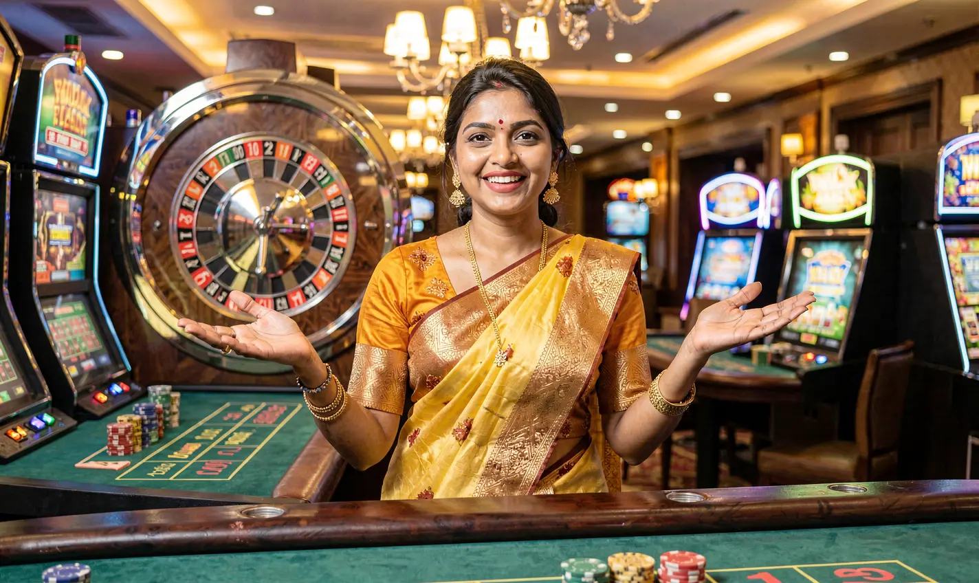 Elegant live casino dealer in a red dress presenting the gaming table with a glowing roulette wheel behind her highlighting the premium atmosphere of 23OK casino