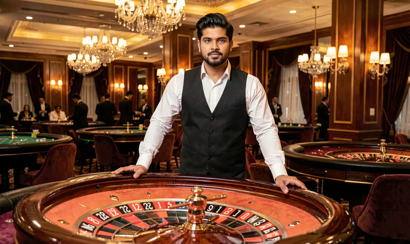 Confident Bangladeshi casino dealer at a glowing roulette table inside a luxury casino atmosphere representing the premium gaming experience of 23OK