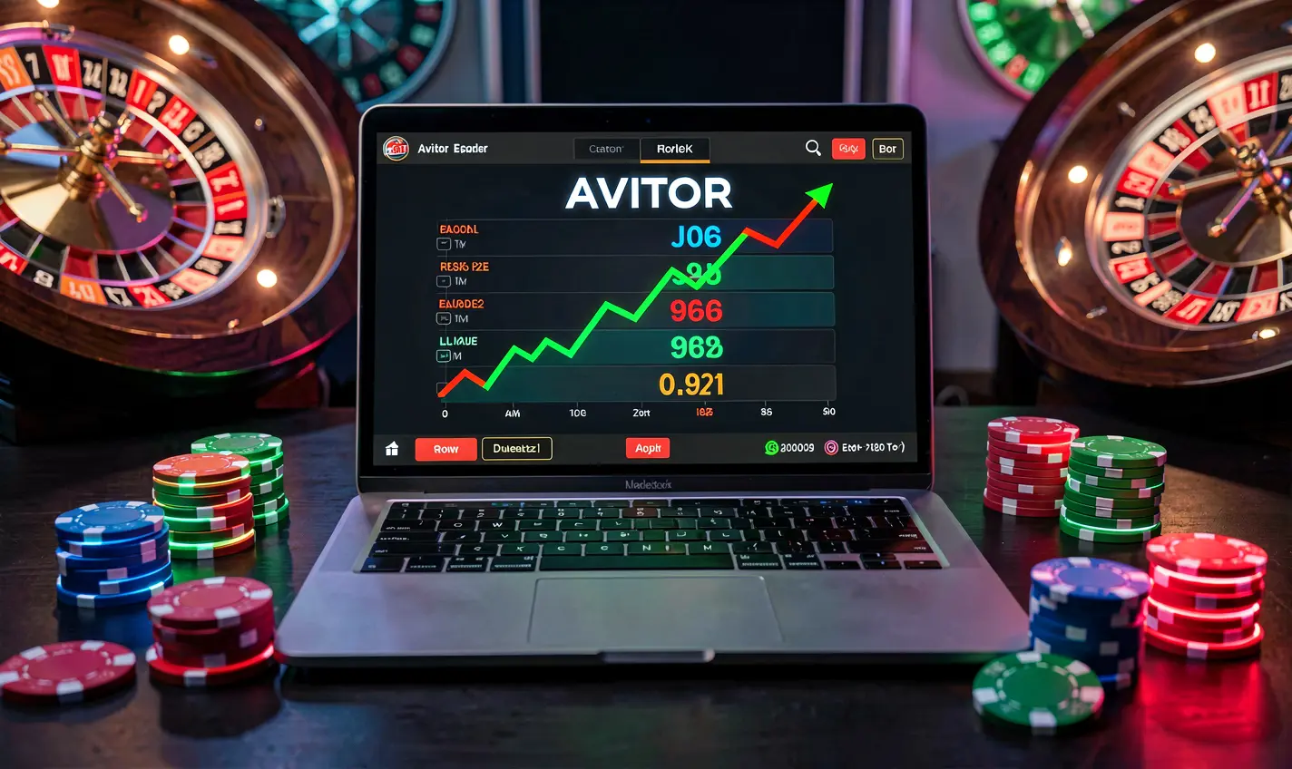 Modern laptop on a dark desk displaying the Aviator multiplier game with colorful casino chips and roulette elements highlighting immersive gameplay at 23OK for Bangladesh