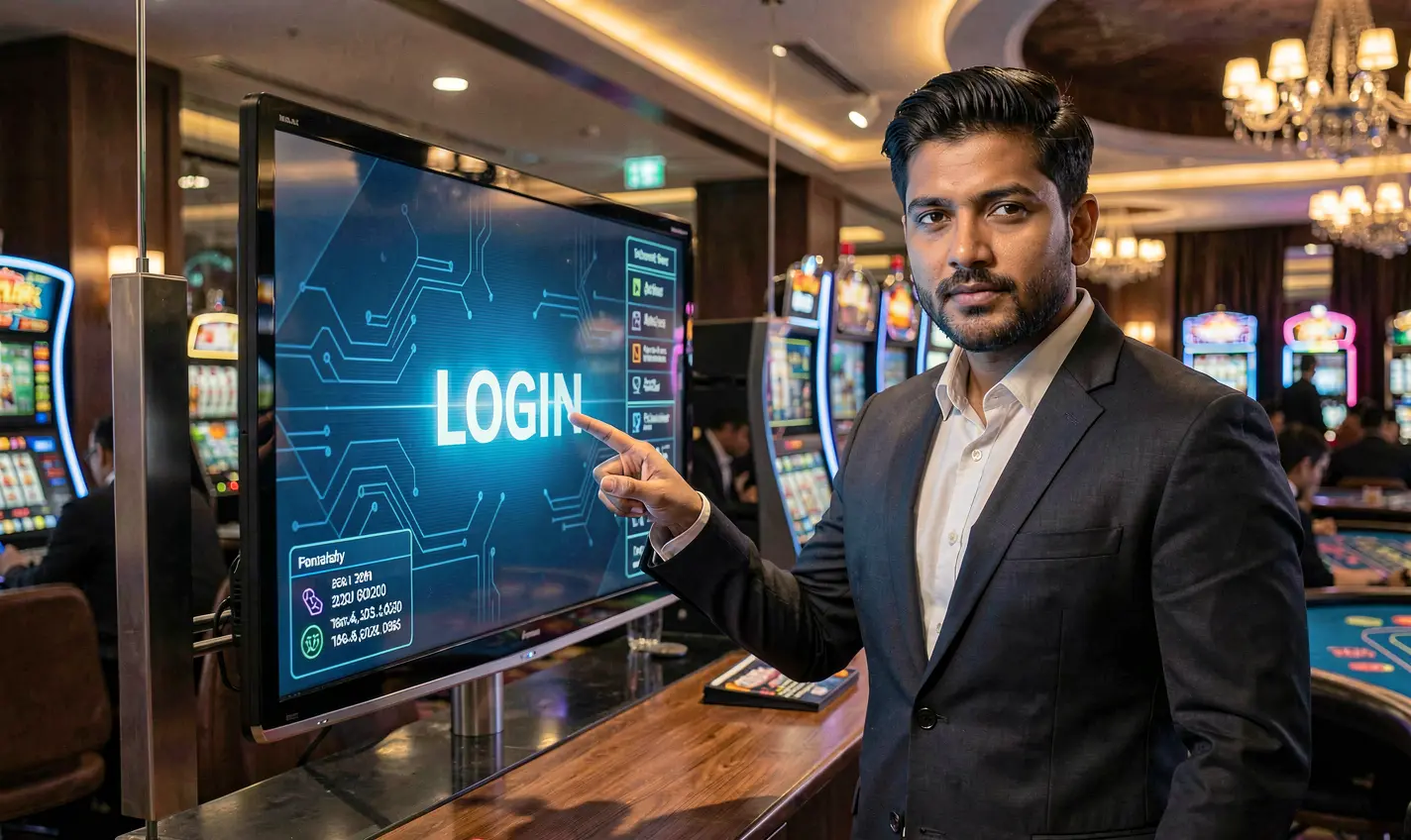 Confident Bangladeshi casino dealer pointing at a glowing login screen inside a modern 23OK casino environment