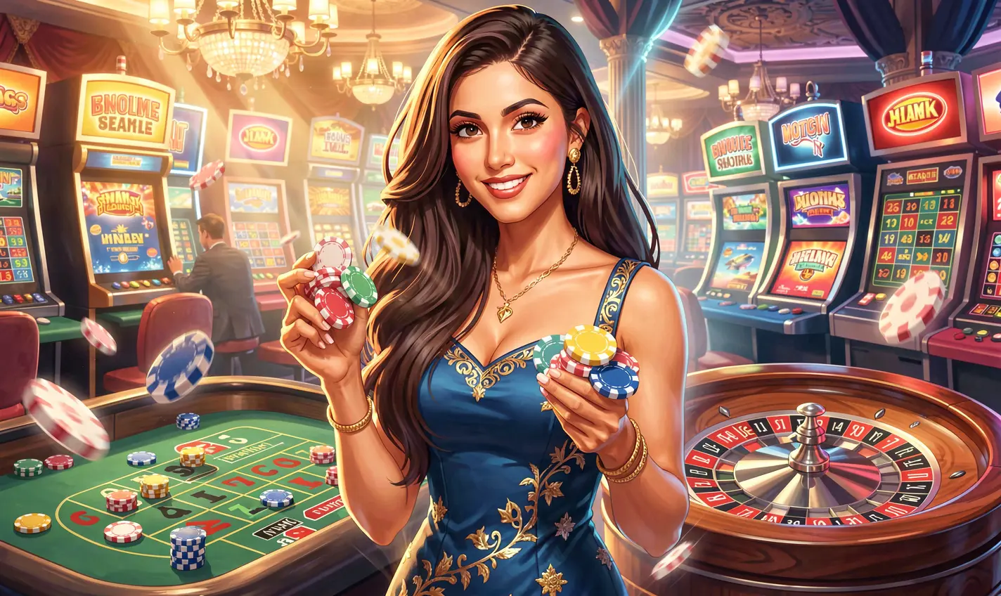 Confident Bangladeshi casino hostess welcoming players in a vibrant gaming environment at 23OK Casino with glowing roulette lights