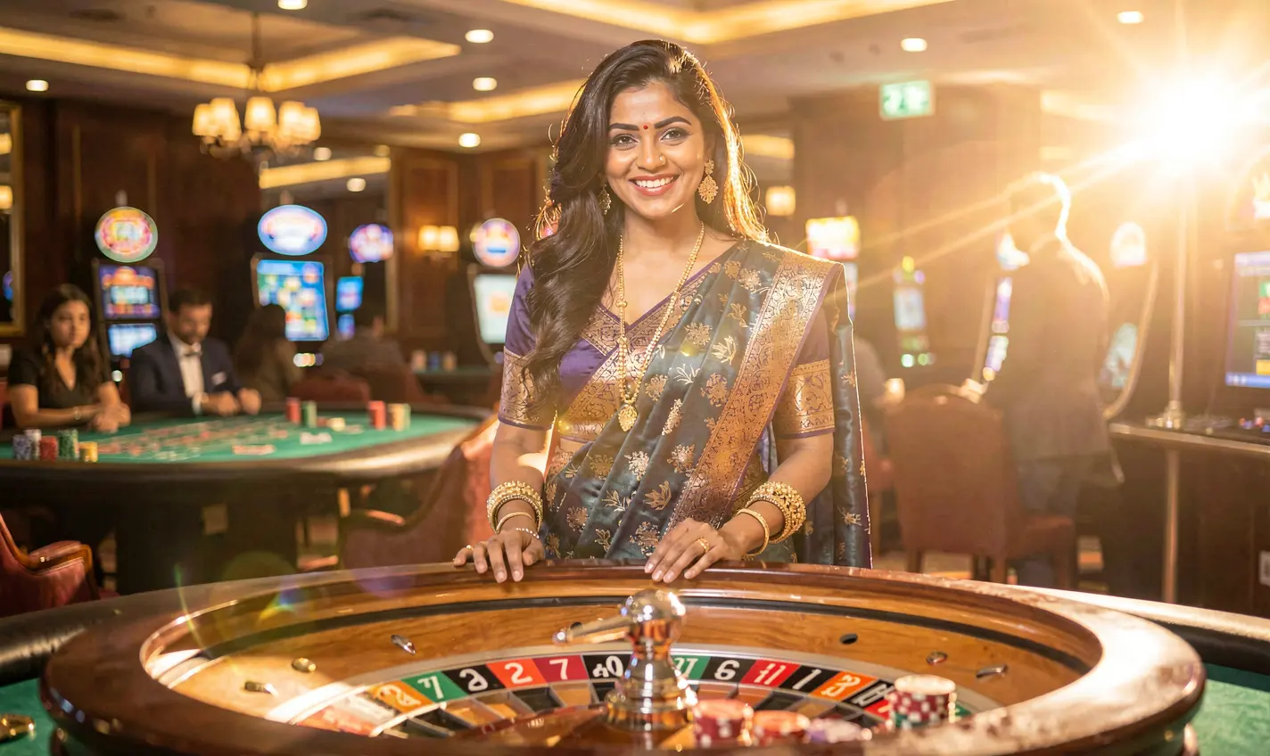 Confident casino dealer with a modern headset in a vibrant gaming environment highlighting live casino action at 23OK for Bangladesh players