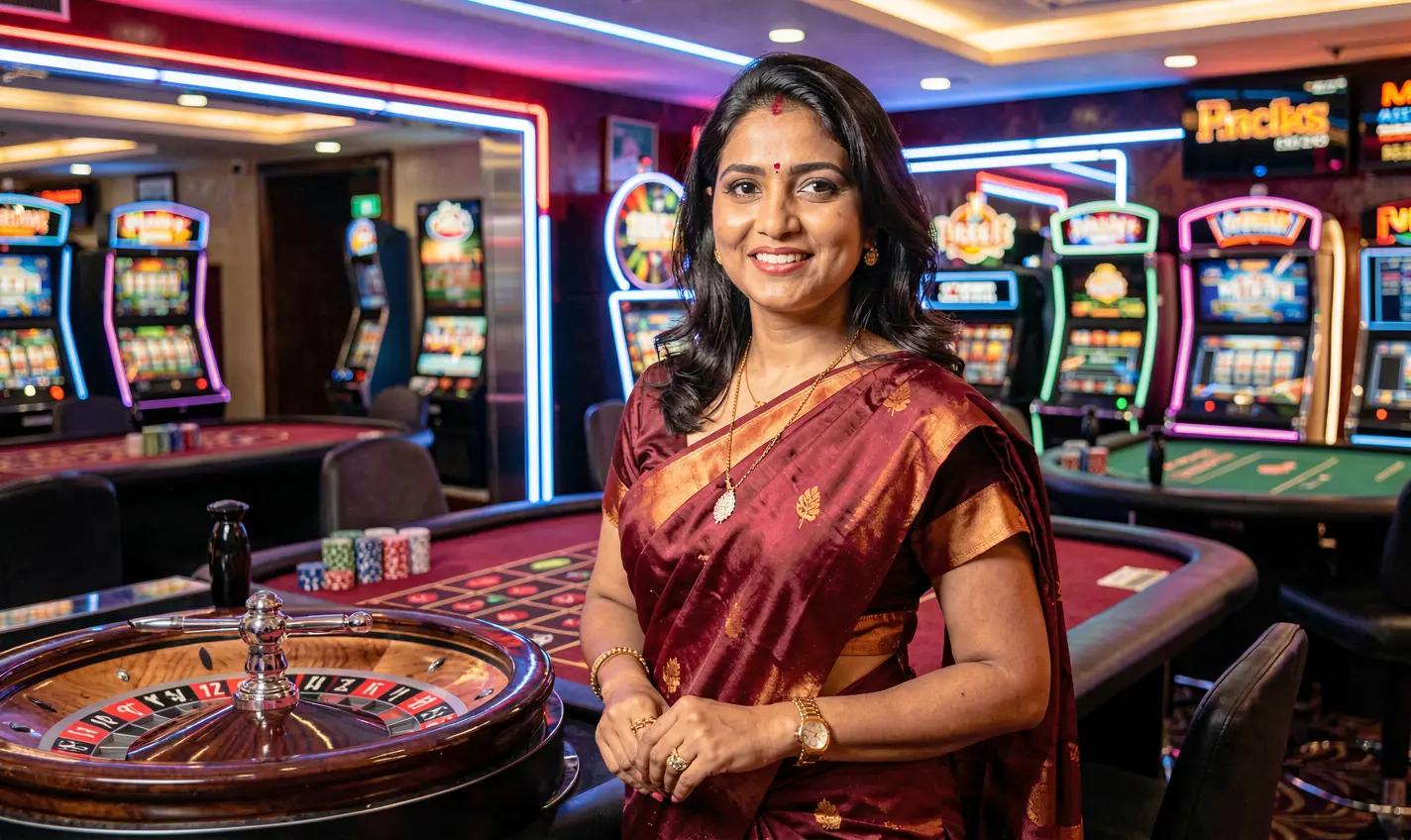 Stylish live casino dealer at a modern gaming table with vibrant lights representing the exciting atmosphere of 23OK live dealer games in Bangladesh