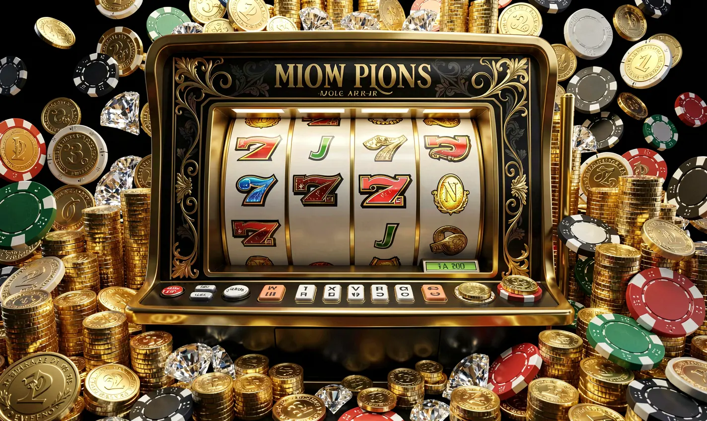 Close up of a classic golden slot machine with triple sevens and scattered coins highlighting premium online casino gameplay at 23OK